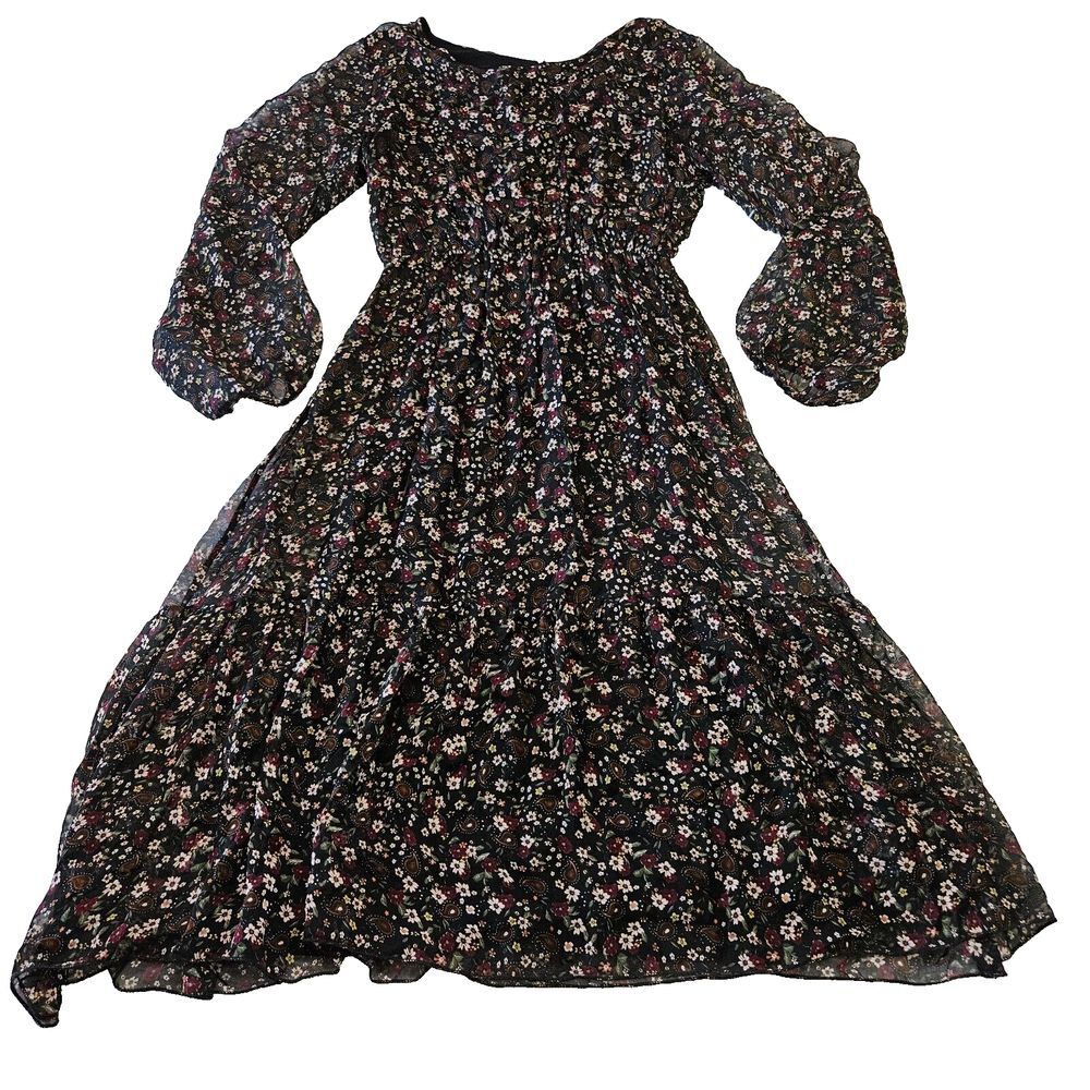 Lara Guidotti Ditsy Dark Floral Puff Sleeve‎ Silk Blend Cottagecore Midi Dress